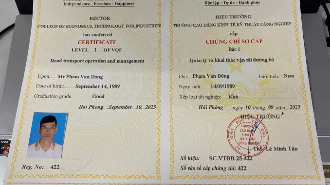 Ảnh chứng chỉ điều hành vận tải đường bộ